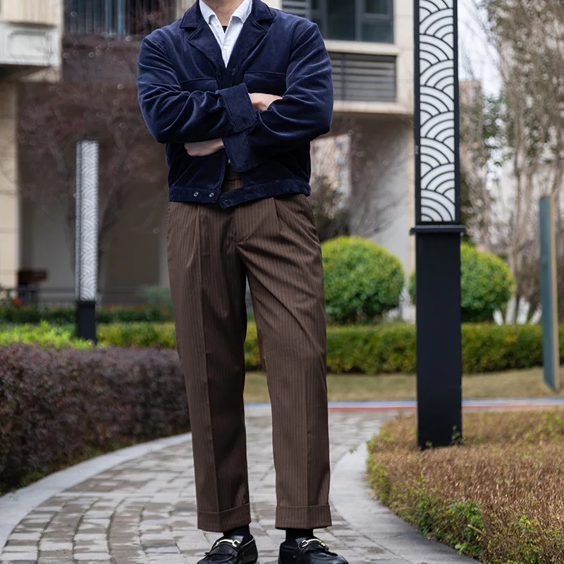 POT&CRAFTSMAN Coffee Stripe High Waist Neapolitan Wide Waistband Straight Leg Suit Trousers Men Paris Button Adjustment