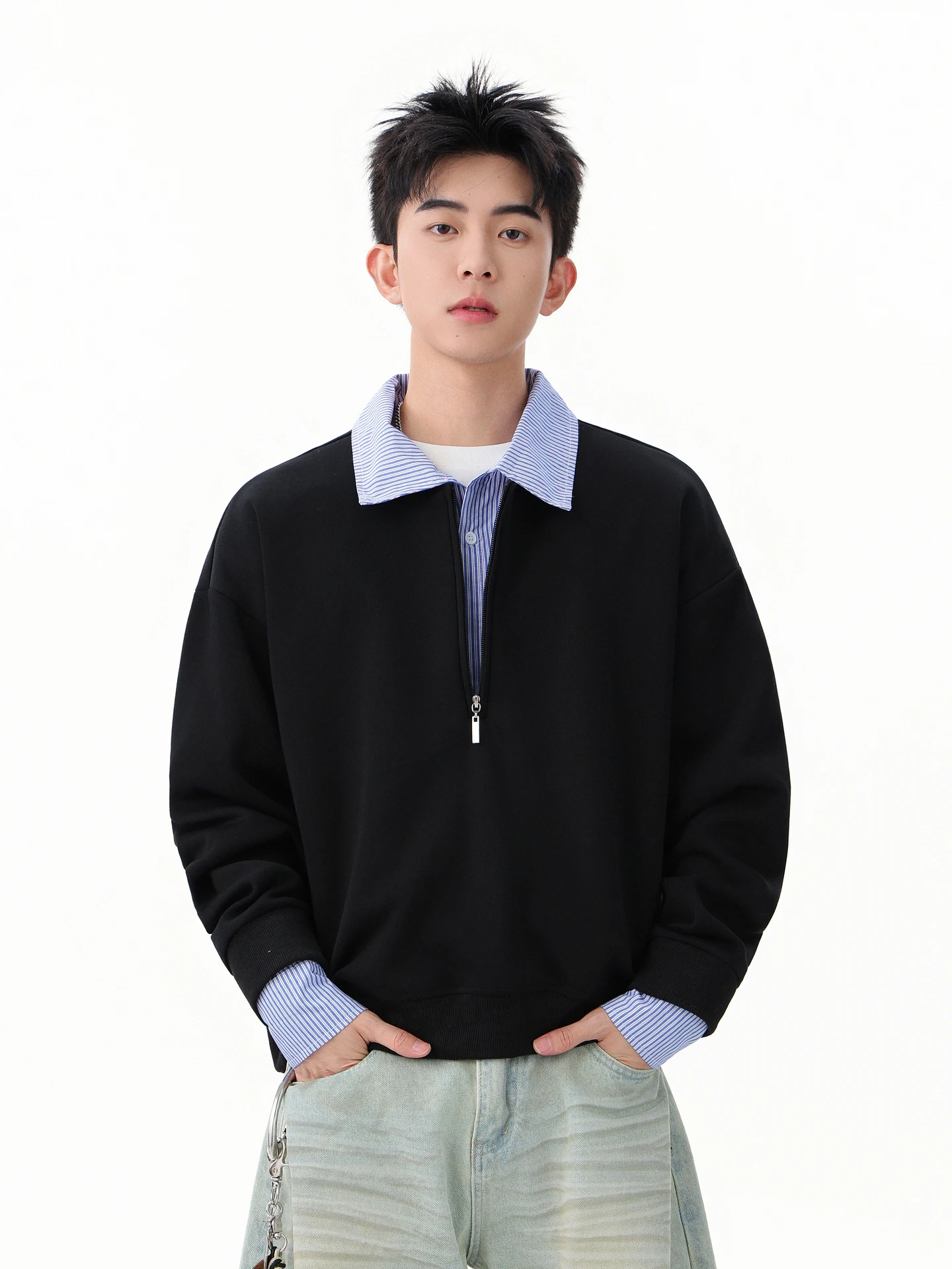 

Высокоинтеллектуальный поддельный двухсекционный полосатый свитер с воротником-поло, мужской осенний универсальный повседневный топ для пар