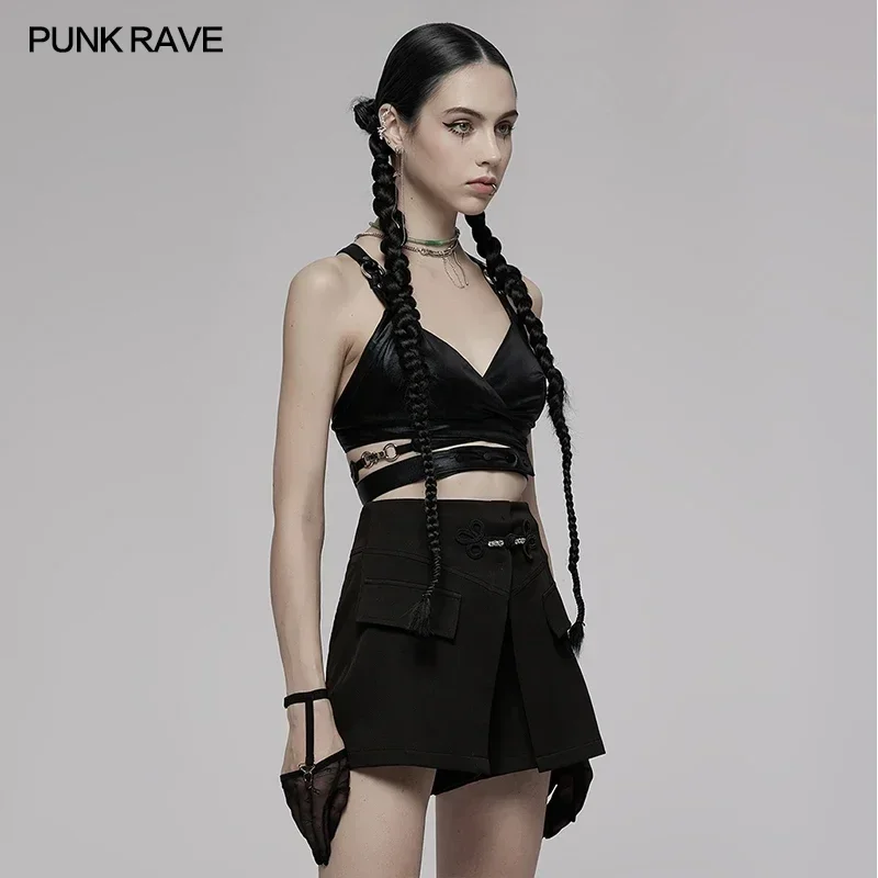 PUNK RAVE Women's Punk Rivets Sexy Elastic Cross Strap Crop Metal Rings Personality Black Short Tank Tops Women Clothing Summer