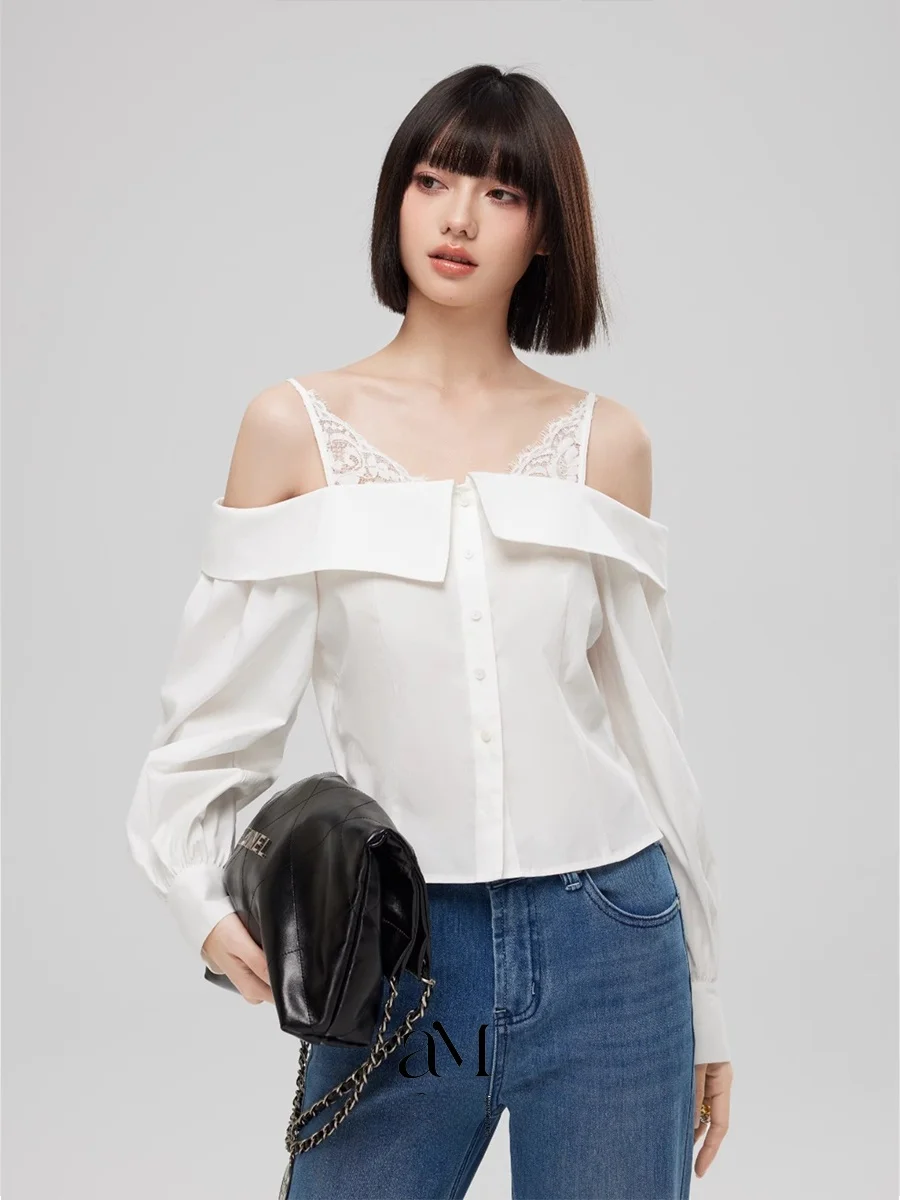

Ayemorrey White Pure Desire Sexy Lace Shoulder Bared Shirt Top Commute Style Loose Fit Long Sleeve One-Shoulder Warmth Function
