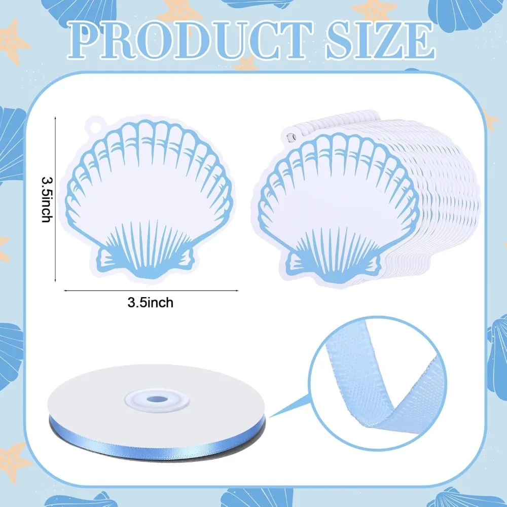 50/100/150pcs DIY Blue Shell Label Card Handwritten Single Party Gift Card with Ribbon Restaurant Business Decor Thank You Card