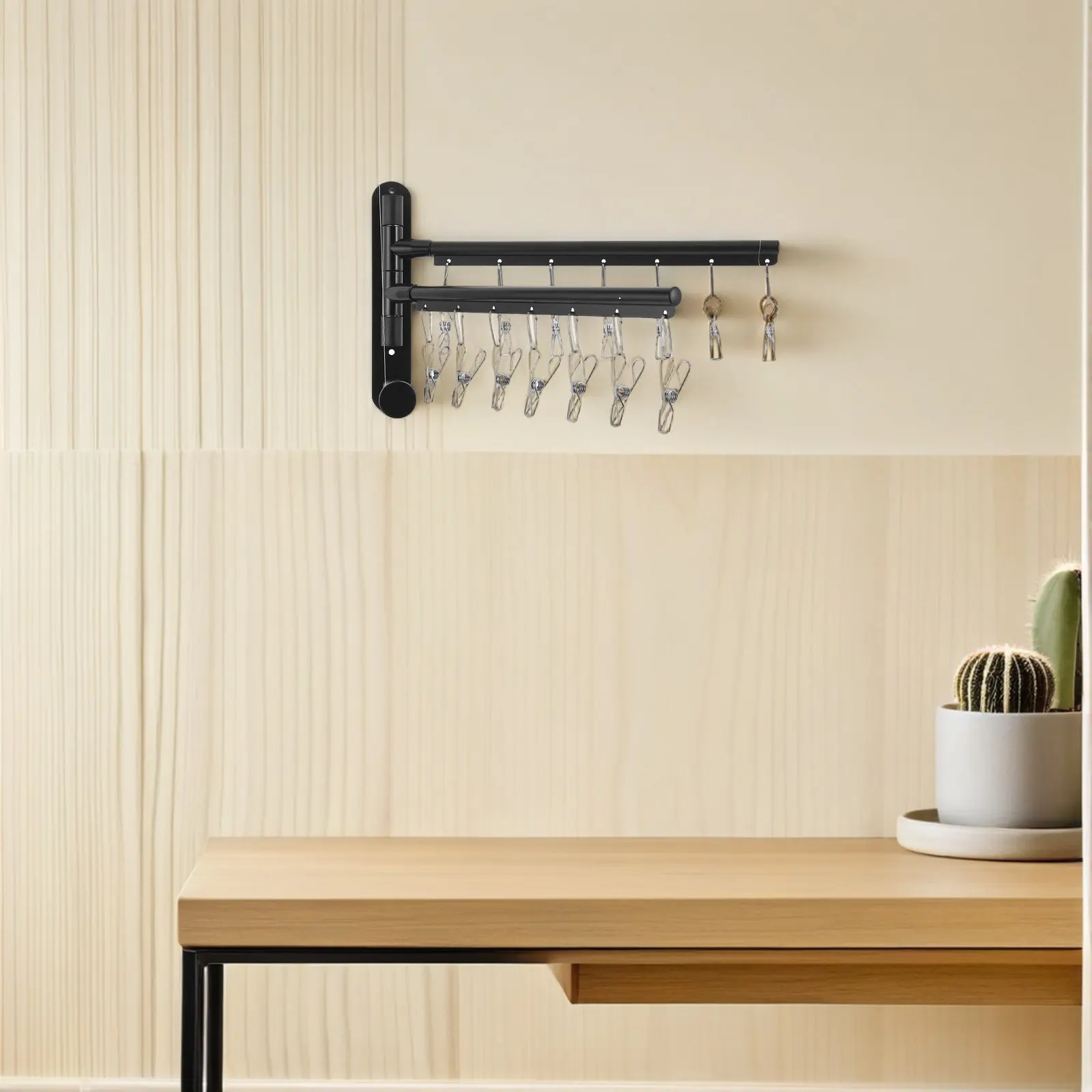 Wall Mounted Drying Rack 2-Tier Swing Arm Space Saving Rotating Laundry Hanger Stainless Steel Windproof Clips Balcony Bathroom