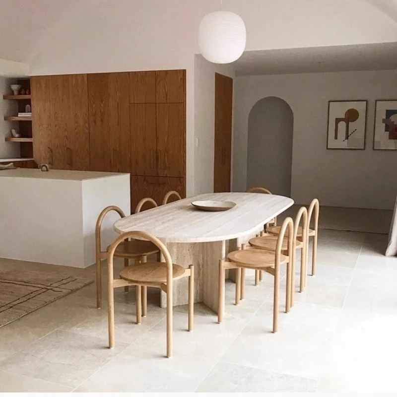 

Simple marble travertine oval dining table villa hotel small apartment family dining table