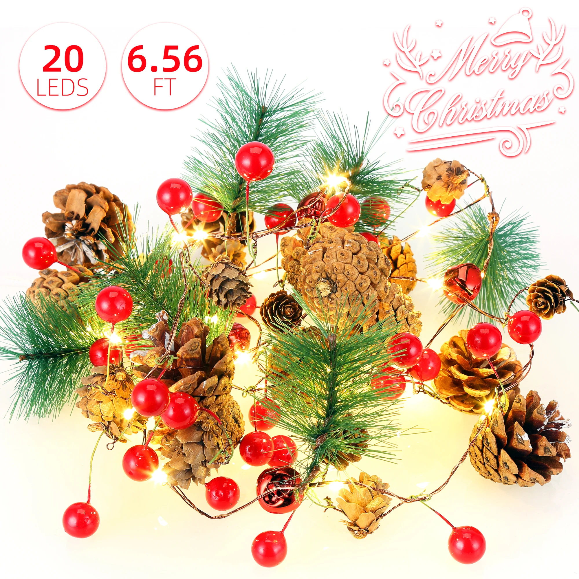 6.56FT Christmas Garland String Lights LED Pine Cones Red Bells Pine Needles and Berries Copper String Lights for Holiday Decor