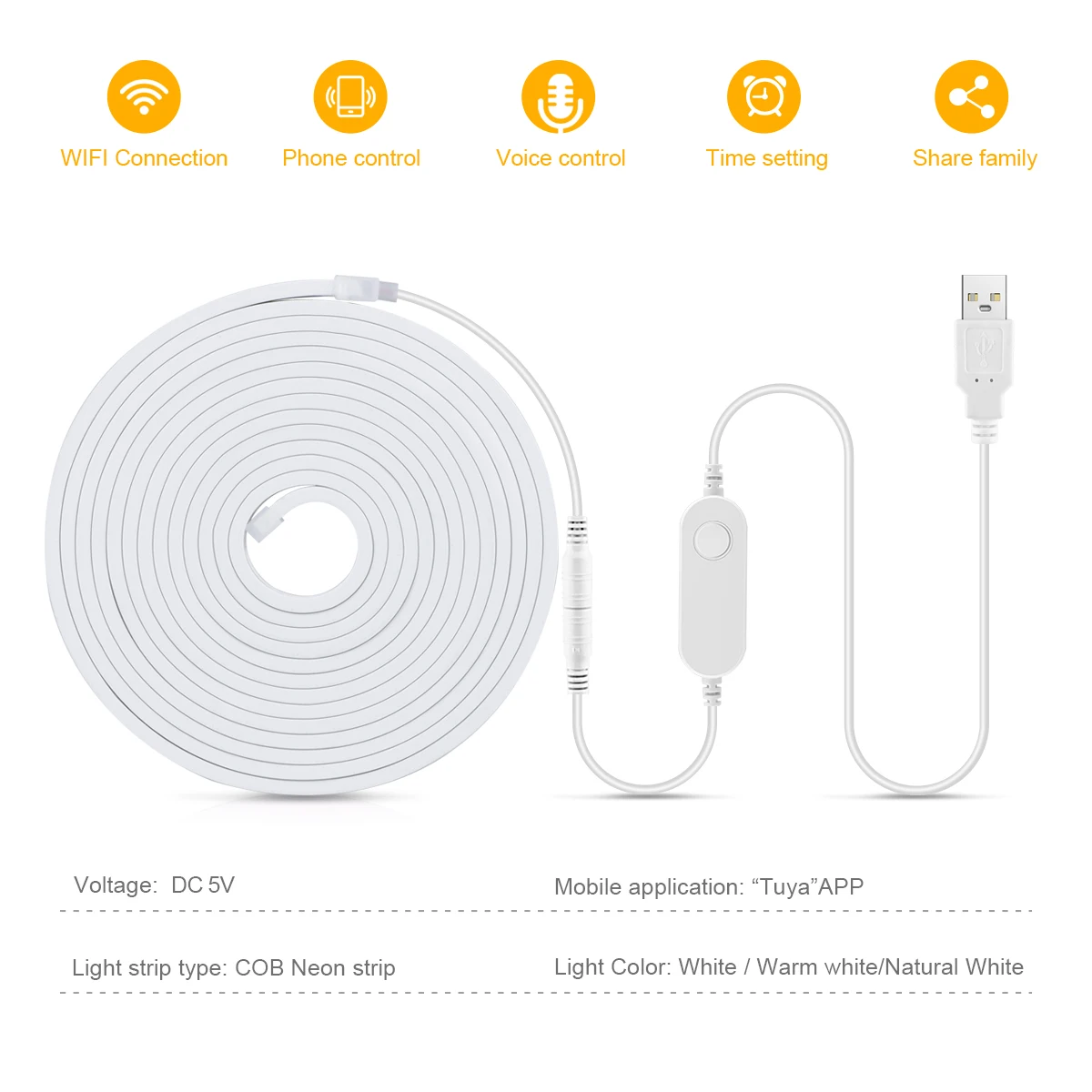 Tuya Smart WiFi APP DC 5V USB COB Light LED Strip Neon Silica Gel Tape Backlight DIY Home Decoration work with Alexa Google Home