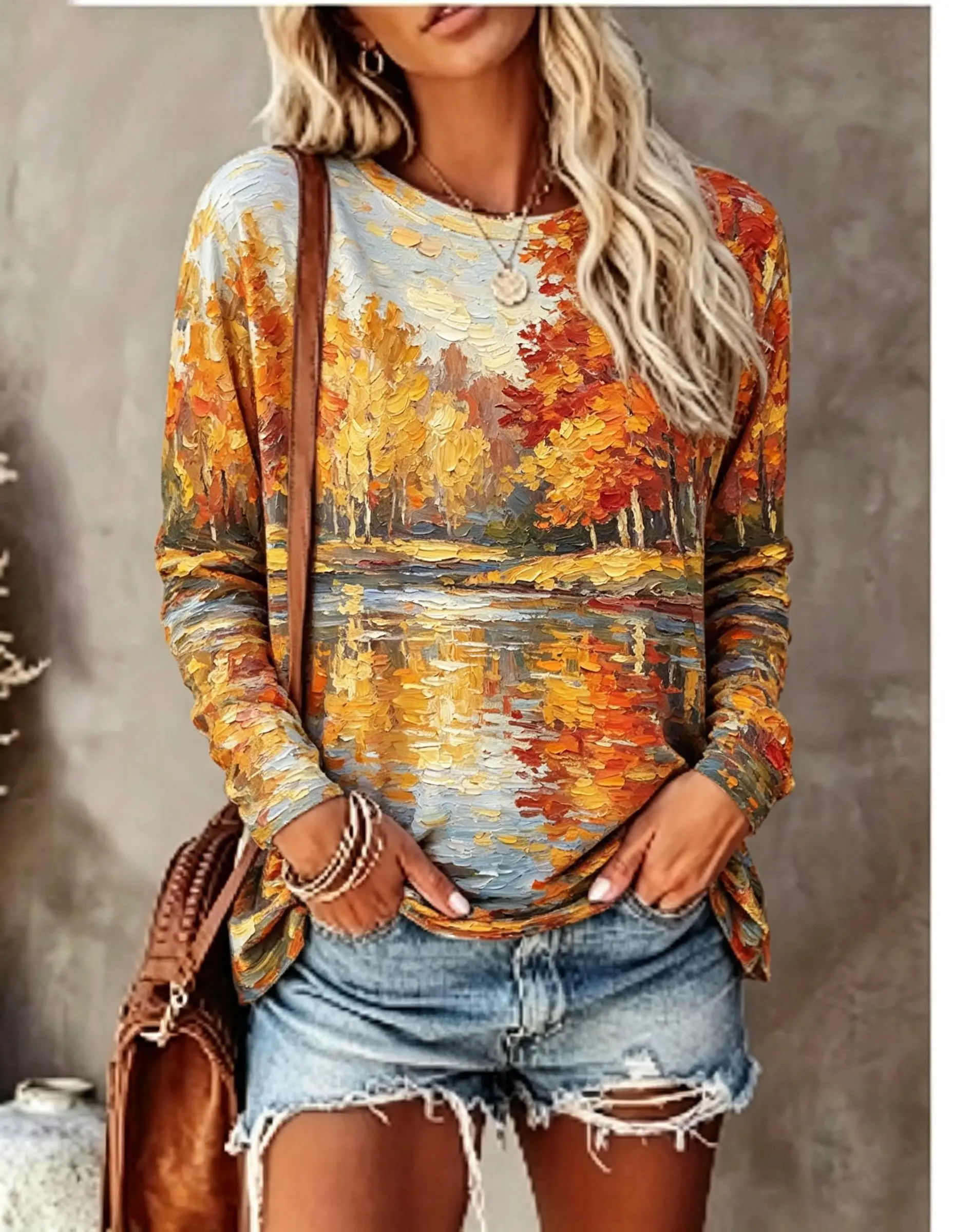 Women Long Sleeve T Shirt Aurora Borealis Mountain Lake Oil Painting Print Crew Neck Casual Fall Tops