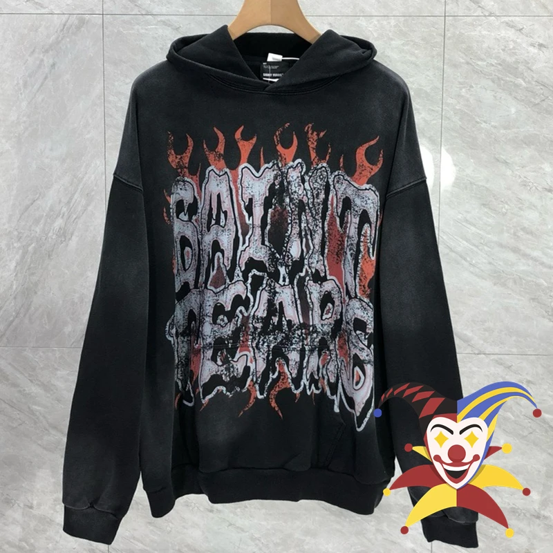 

Saint Tears Flame Letter Printing Hip Hop Hoodie Hooded Men Women Vintage Washed Black Pullovers