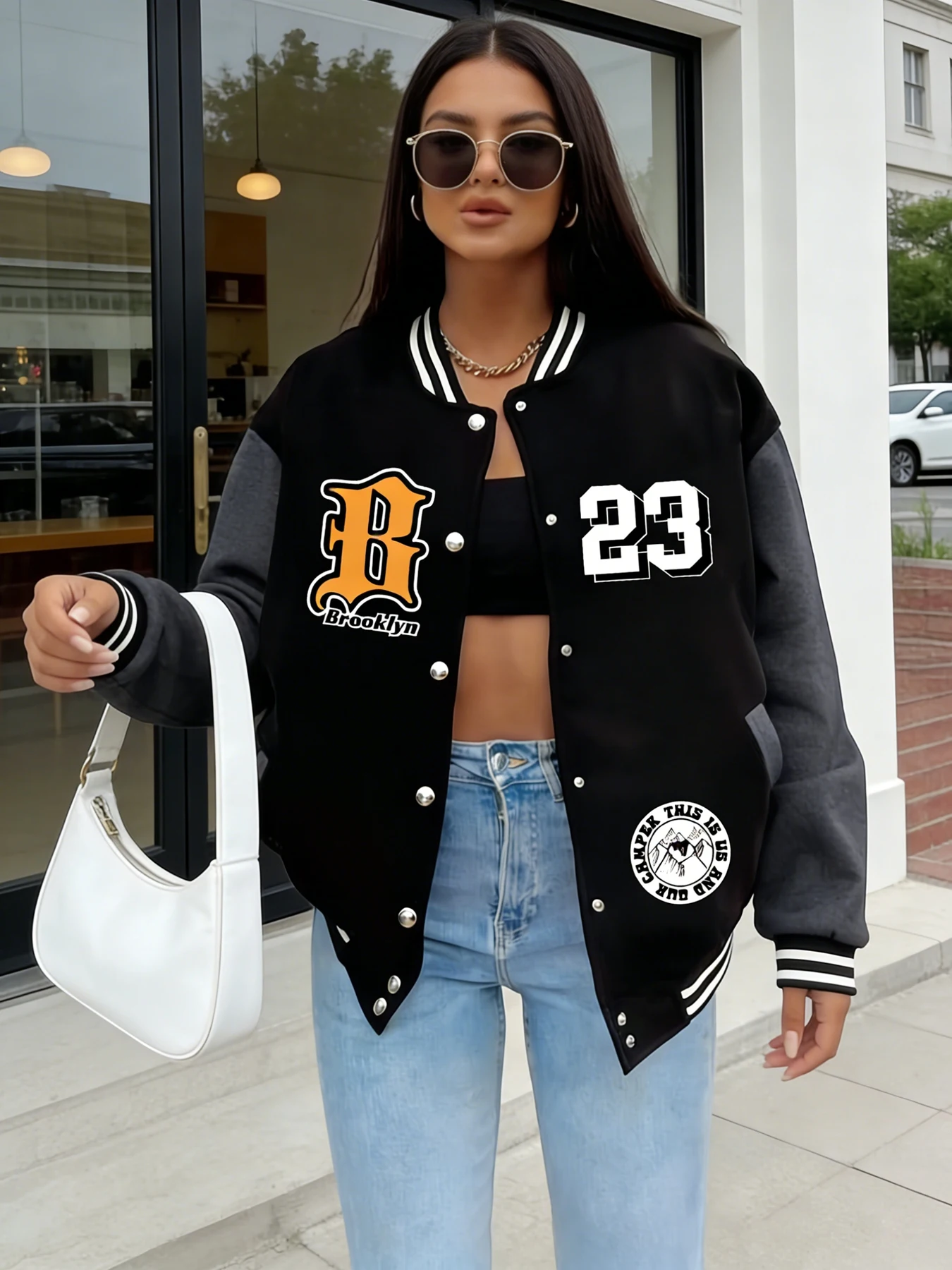 Women Oversize Baseball Jacket Brooklyn "B" 23 Number Print Casual Varsity Coat Fashion Streetwear Outerwear Trendy Loose Jacket