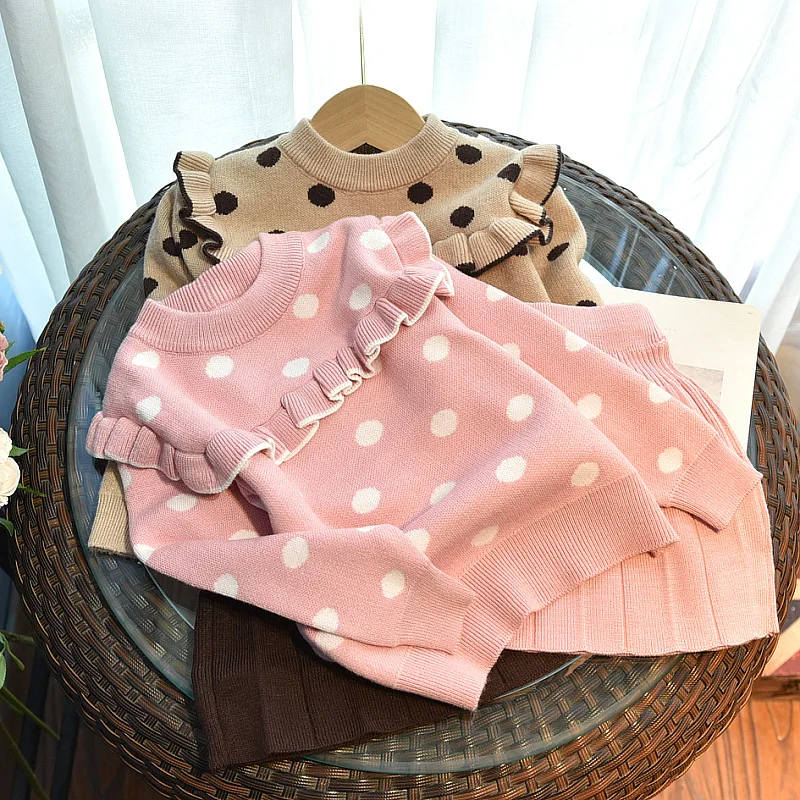 2022 Fall Girls Toddler Set Korean Style Baby Girl Cute Dot Knit Skirt Sets Winter Little Girl Party Casual Sweater Clothes