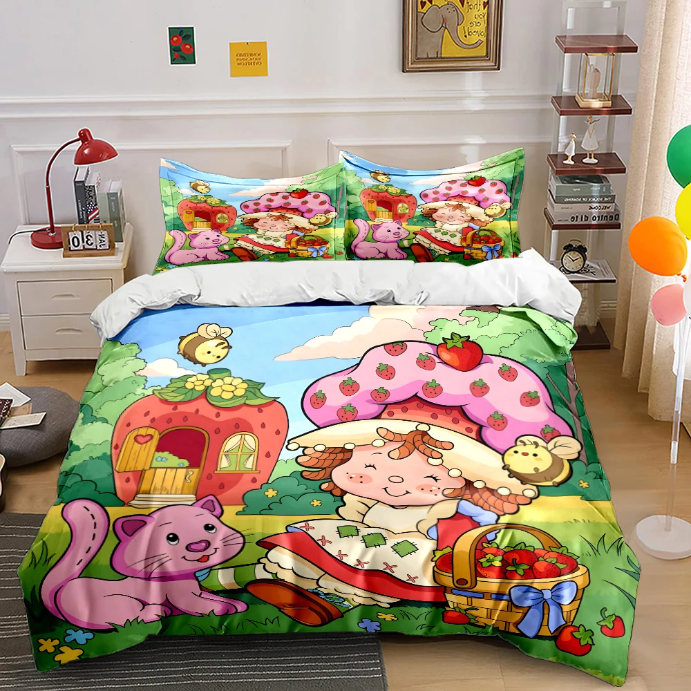 Multiple Sizes Emily E-Erdbeer Print Soft Quilt Cover Pillowcase Bedding Set Kids Adult Comfortable Bed Set Twin King for Gifts