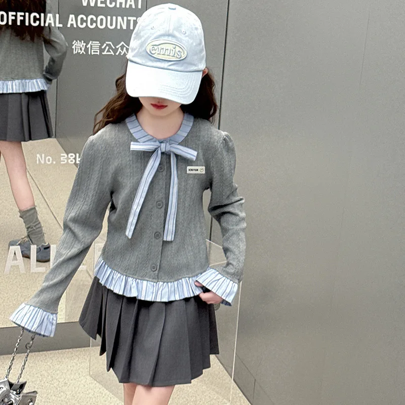 الفتيات مجموعة الربيع والخريف النمط الغربي فراشة عقدة الربط الدانتيل قميص تنورة قابلة للطي قطعتين مجموعة عصرية