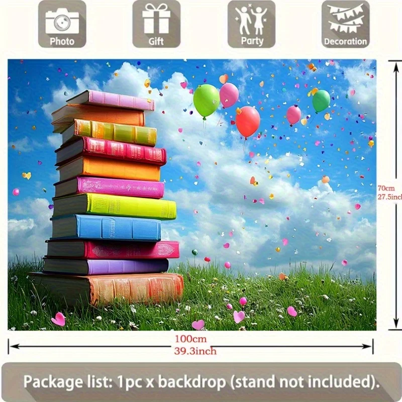 Whimsical Books Stack Mural Tapestry for Kids Nursery Decor Boho Fantasy Landscape Wall Art Blue Sky Balloons Garden Backdrop