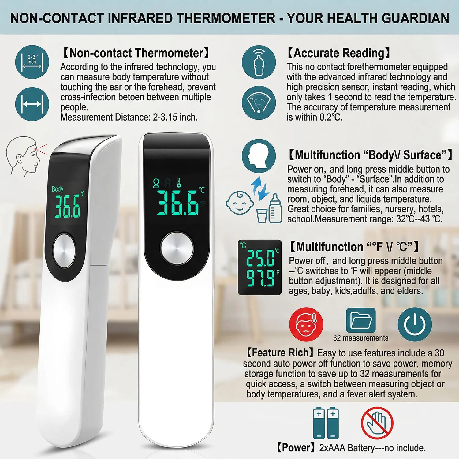 Handheld Infrared Forehead Thermometer Medical Digital Contactless Body Temperature Fever Tool for Adults Kids