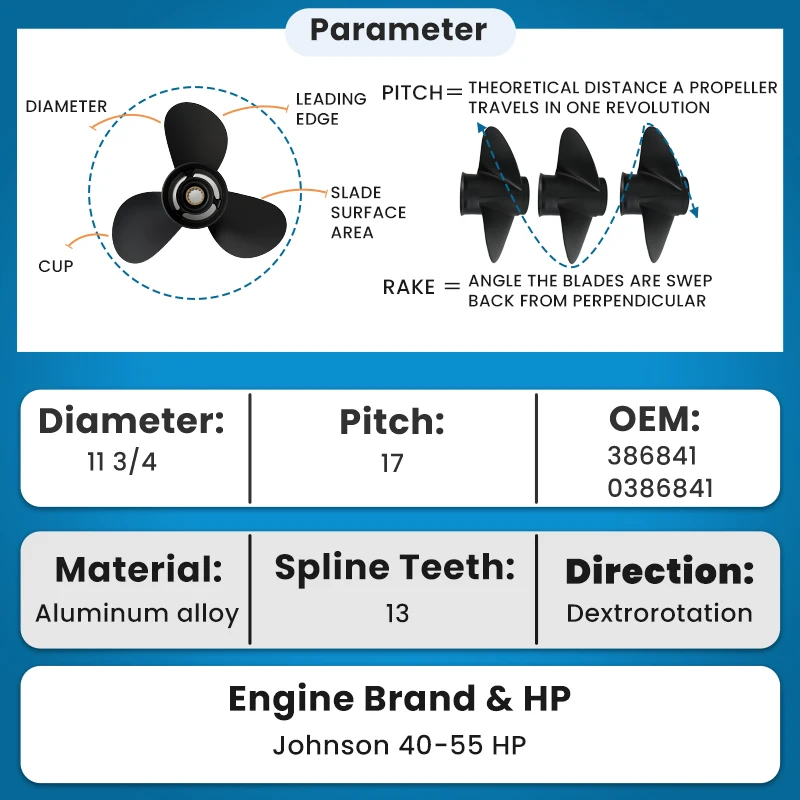 Marine Engine Boat Propeller 11 3/4x17 for BRP,Johnson,Evinrude Outboard 15/20/25/30/35HP 14 Spline Outboard Parts 387320