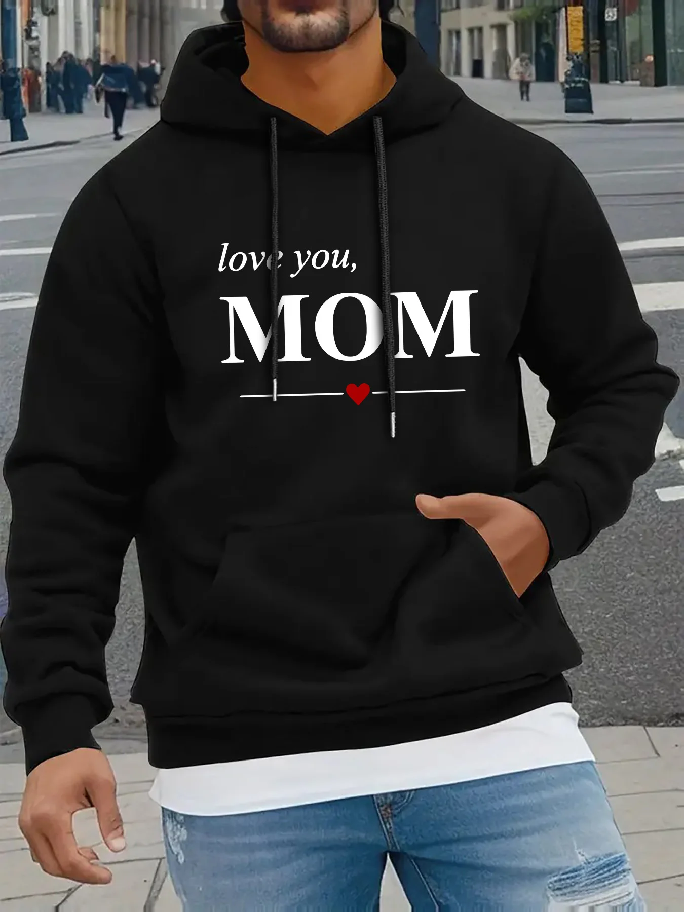 

Men's "Love Your Mom" Heart Pattern Hooded Sweatshirt - Brown Casual Hooded Shirt with Kangaroo Pouch and Drawstring
