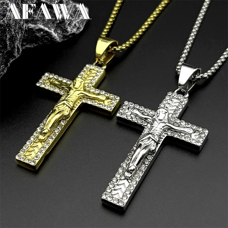 

Jesus Cross Crucifix Stainless Steel Pendant Necklace for Women Men Gold Silver Color Rhinestones Chain Necklaces Jewelry Gift