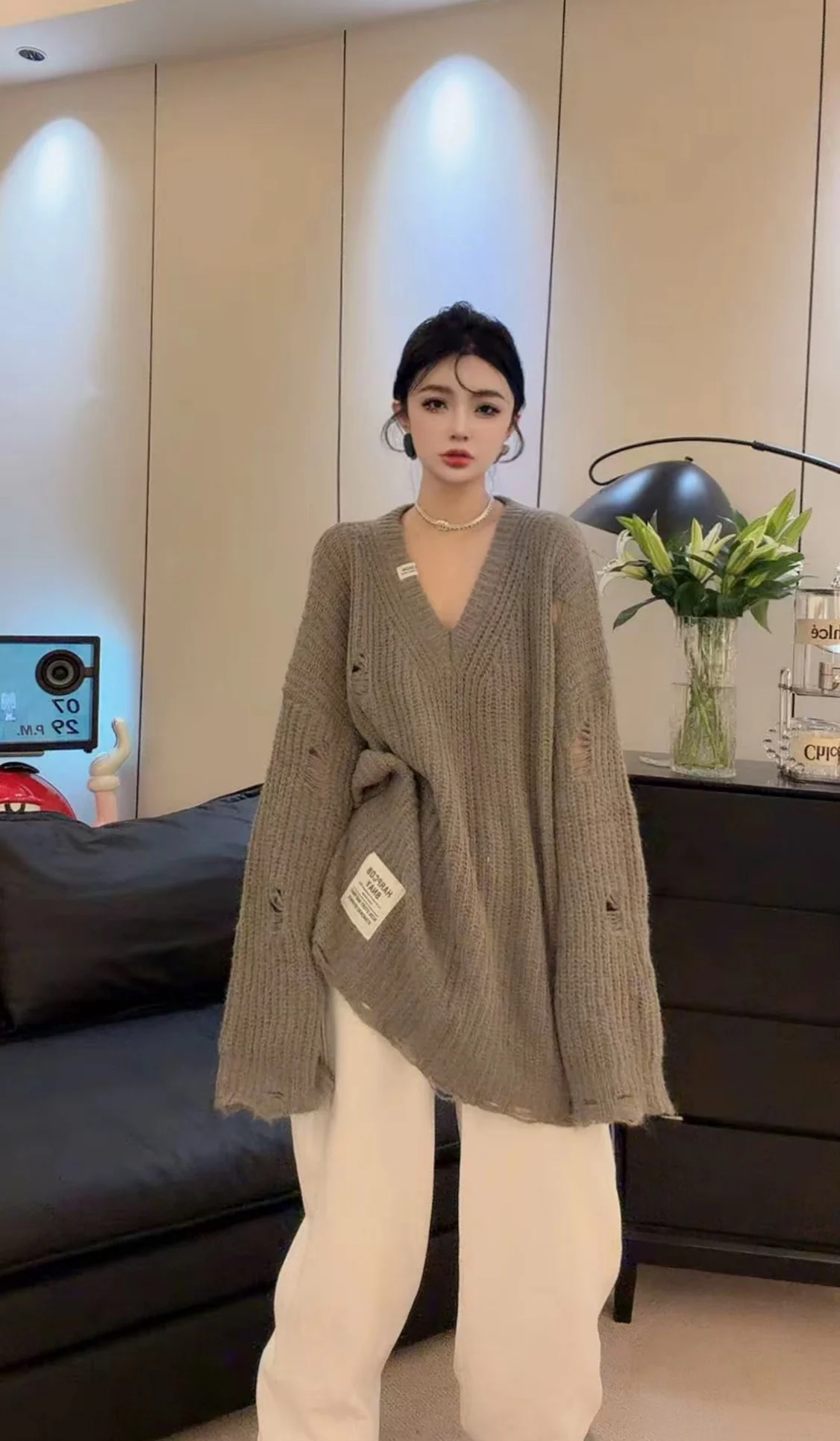 

Свободный повседневный модный вязаный свитер 2025 года, новинка осени, женская одежда, универсальный дизайн, европейский стиль