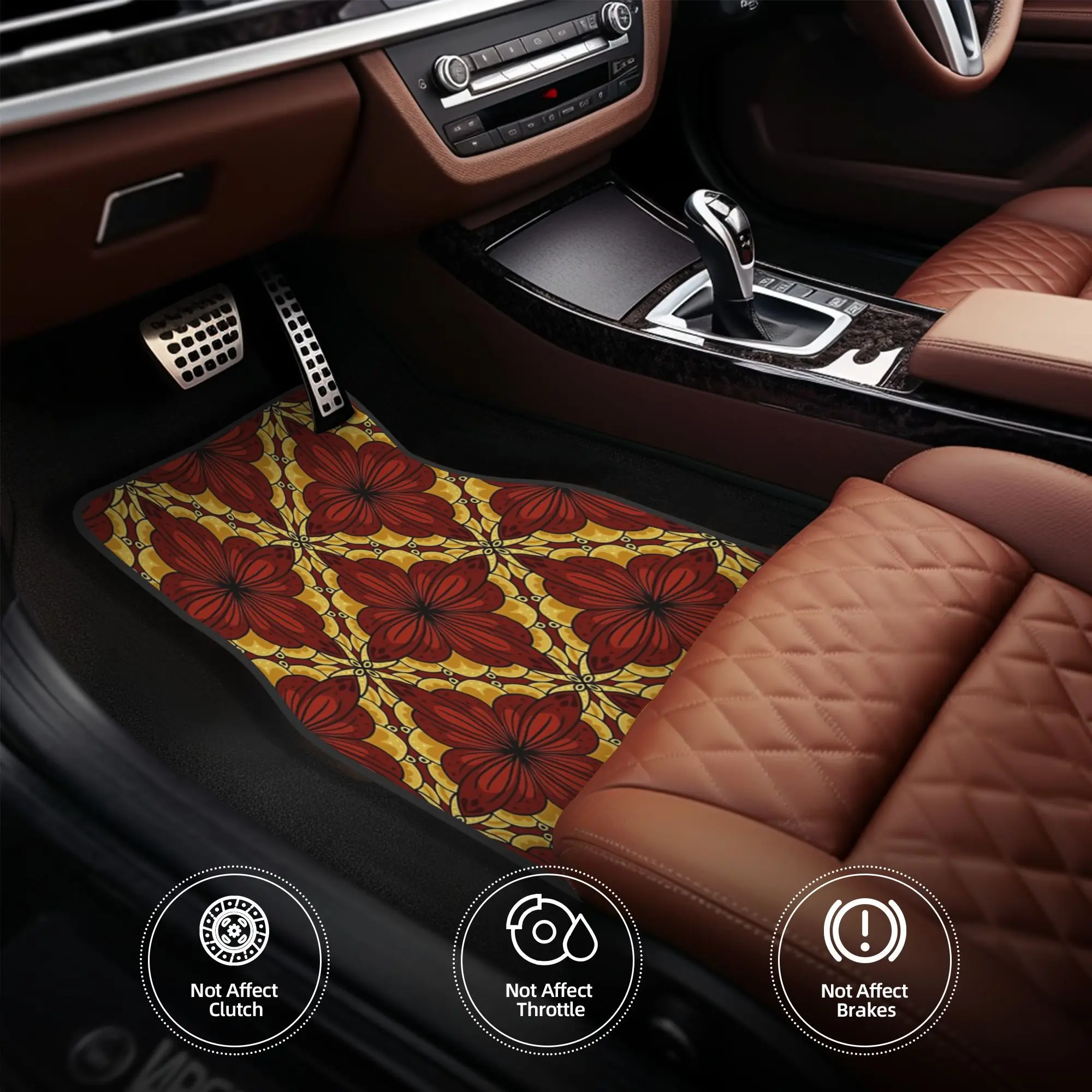 4pcs Geometric Tiled Floral Pattern In Red And Yellow Pillow 1 Car Floor Mats, Durable, Fit For Cars, Ideal Gift, Vehicle Interi