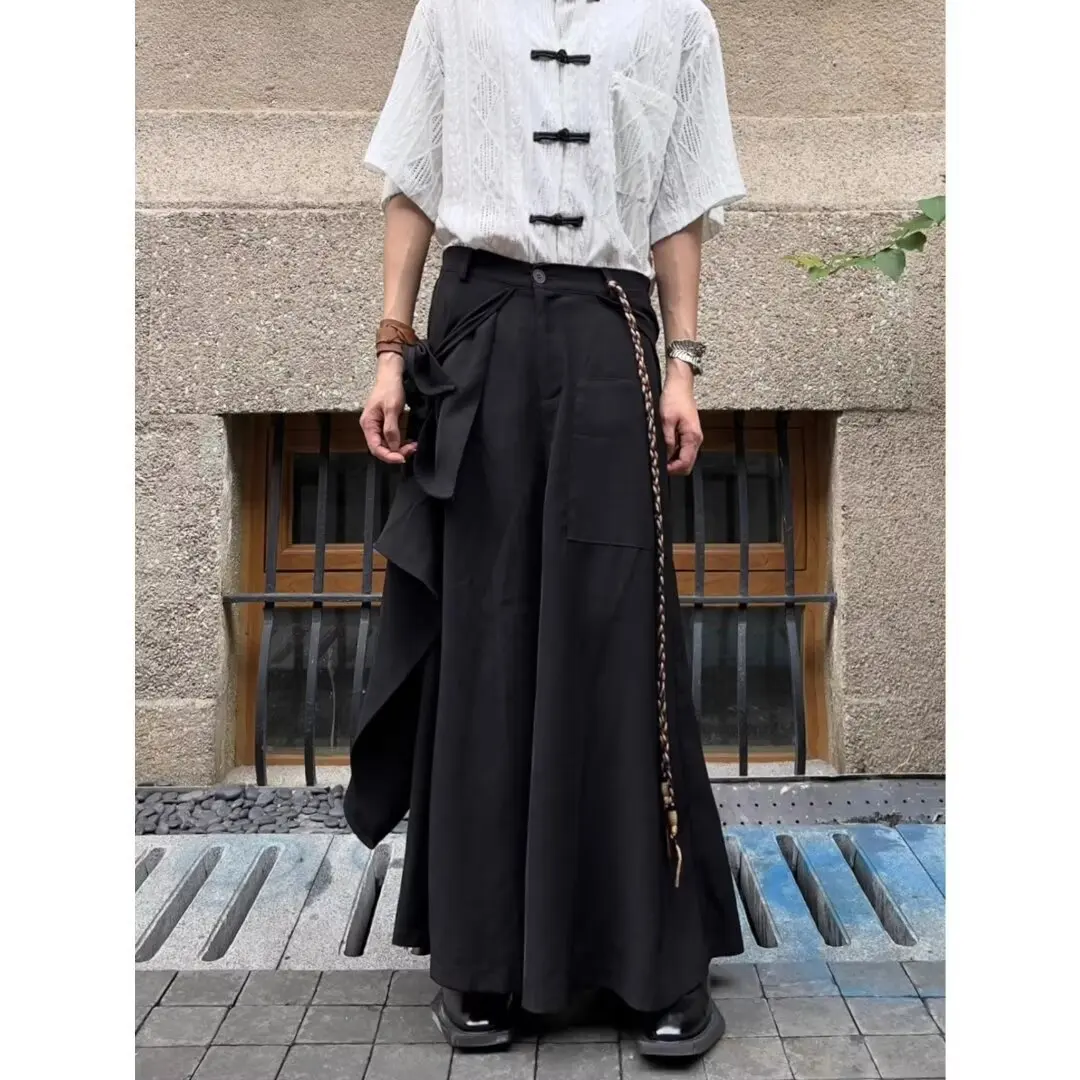 Unisex Avant Garde Hakama Trousers Irregular Layered Skirt Pants Wide Leg Cropped Oriental Streetwear Casual Fashion Bottoms