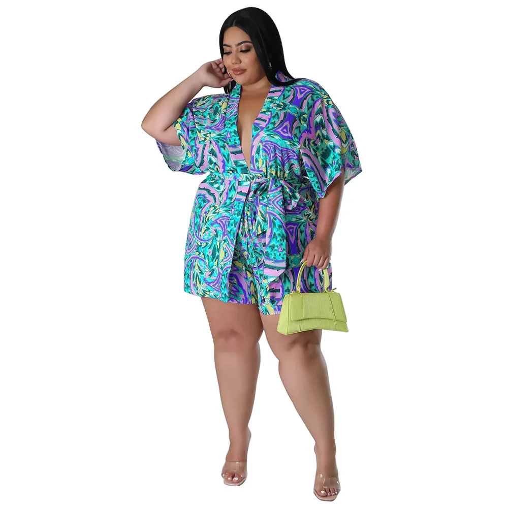 Plus Size Fashion Loose Printed Two Piece Shorts Set Summer Short Sleeve Lace Blouse Shorts Casual Tracksuit Streetwear Outfits