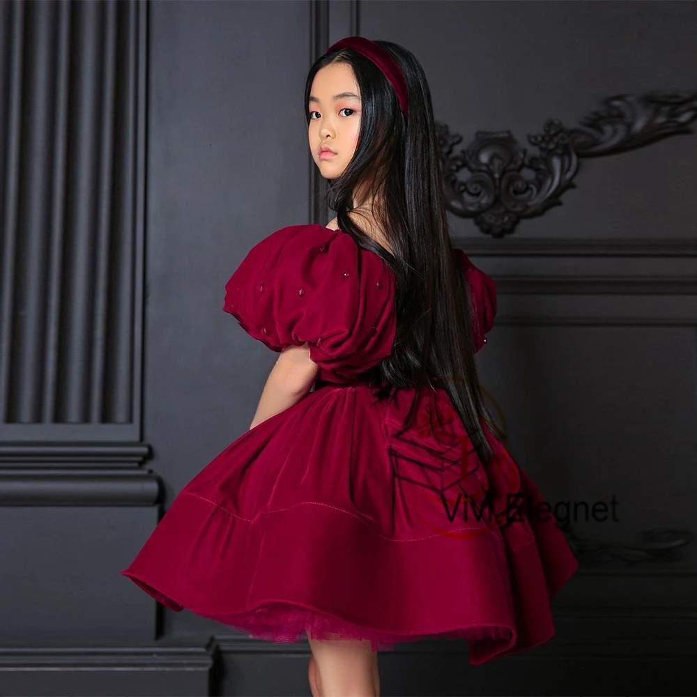 Scoop Burgundy Short Sleeve Flower Girl Dresses for Birthday 2023 Summer Tutu Tiered Christmas Gown with Beading فساتين بنات صغا