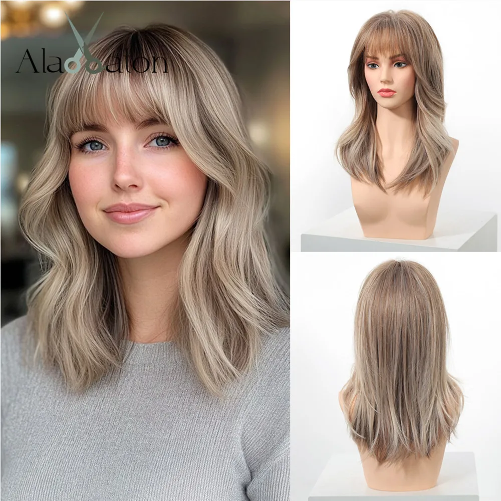 ALAN EATON Medium Length Synthetic Wigs Natural Blonde Brown Wig for Women Soft Realistic Fake Hair Heat Resistant Daily Wear