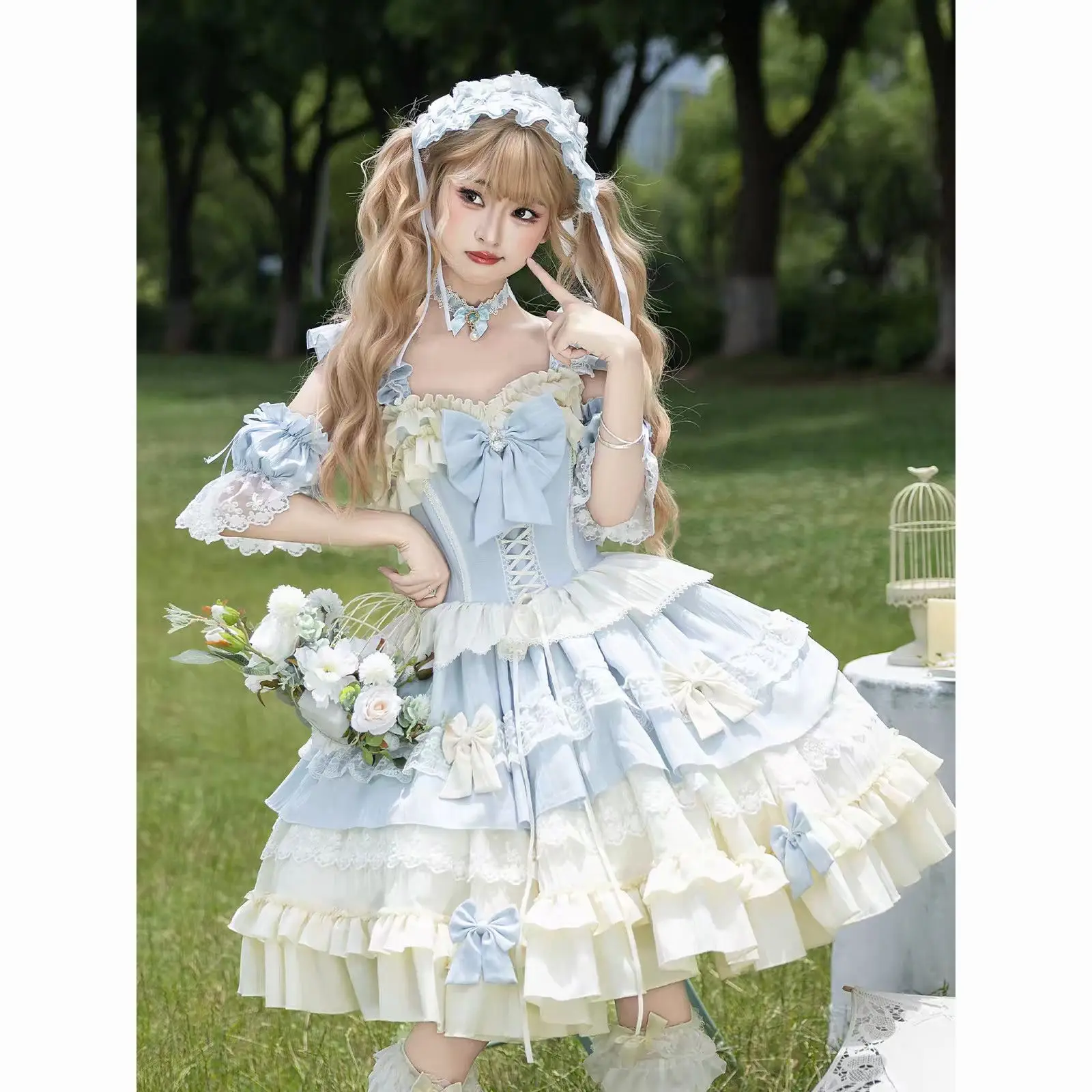 Lolita Original Japanese Sweet and Cute Blue JSK Lolita Strap Dress Women Daily Fresh Bow Ruffles Suspender Dress Set