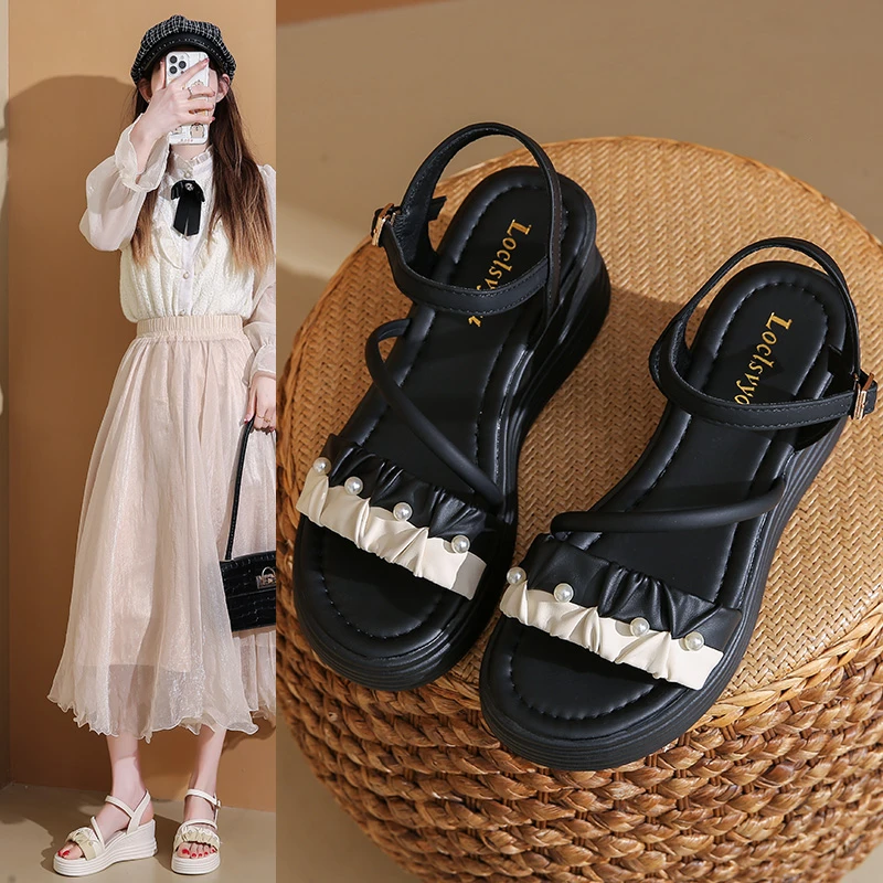 Summer New Fashion Simple Solid Color Versatile Wedge Heel Slim Fit Comfortable Lightweight Breathable Casual Sandals for Women