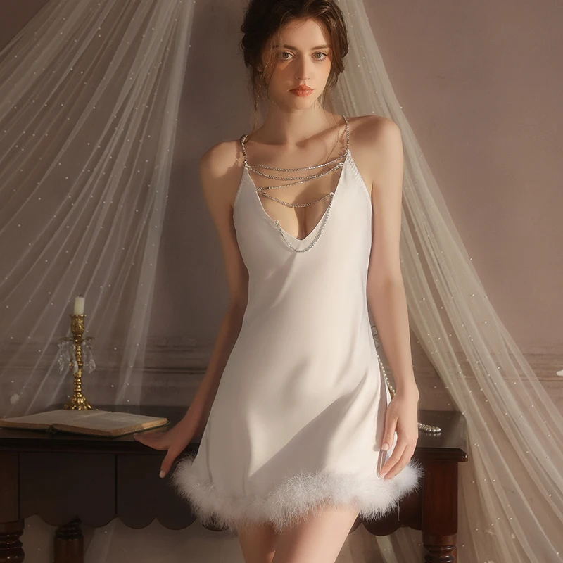 مجموعة ملابس نوم من الساتان ذات قصة منخفضة من Deep V: ثوب نوم نسائي ناعم الرغبة النقية + رداء ملابس داخلية مفتوح من الأمام ملابس منزلية