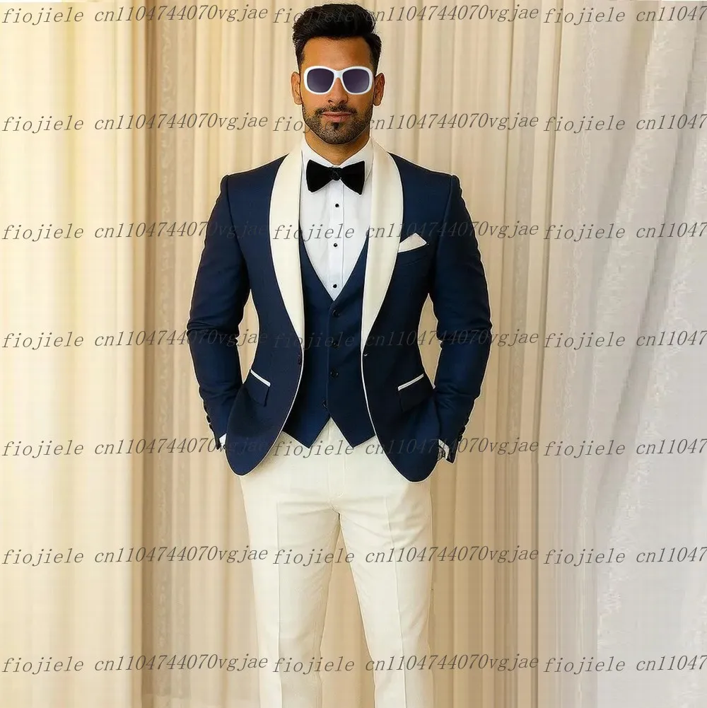 

Navy Blue And White Men Suit Formal Wedding Party Groom Business Male Tuxedos Customized 3 Piece Set Jacket Vest Pants