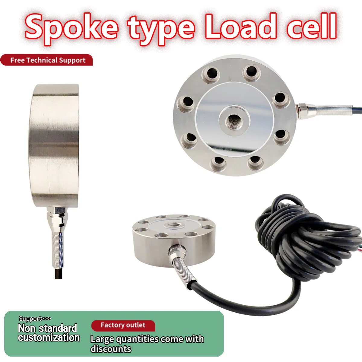 Wheel Spoke Load Cell 8/16 Mount Holes Compression Sensor with Cable 30kg-5000kg 40-100t Custom for Press Weighing System