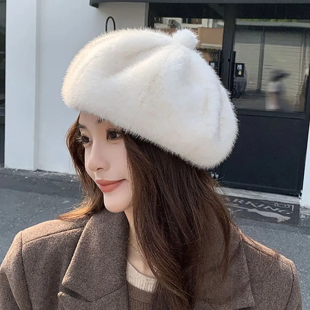 Leopard Print Faux Rabbit Fur Beret Flush Furry Solid Color Octagonal Beanie Cap Keep Warm Thicken Painter Beret Hat Women Girl