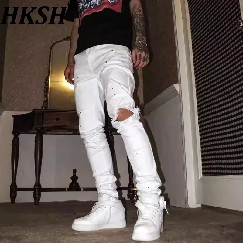 

HKSH Весна-Лето Новые мужские джинсы с эффектом брызг чернил, облегающие, рваные, женские шикарные джинсы-карандаш в стиле Ins Vibe, джинсовые брюки HK19251