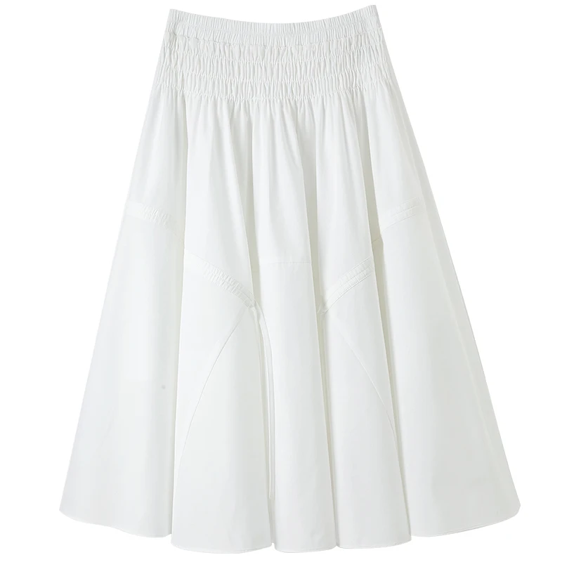 Sentubila White Elegant Skirt Women's Autumn New High Waist A-line Umbrella Shirring Solid Elastic Waist Skirt Casual 132Q48743