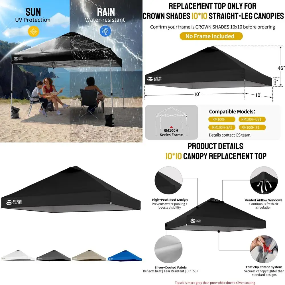 

10x10 Silver Coated Canopy Replacement Top with Air Vent, Black (RM100H Series Compatible, Top Only)