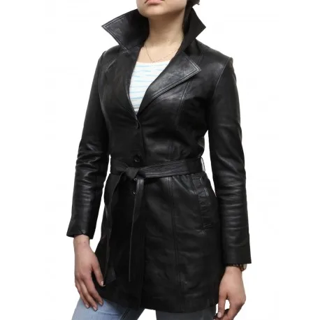 Ladies Black Genuine Leather Dress Coat | Stylish Leather Coat Winter Clothing for Sale for Men & Women OVERCOAT Genuine Leather