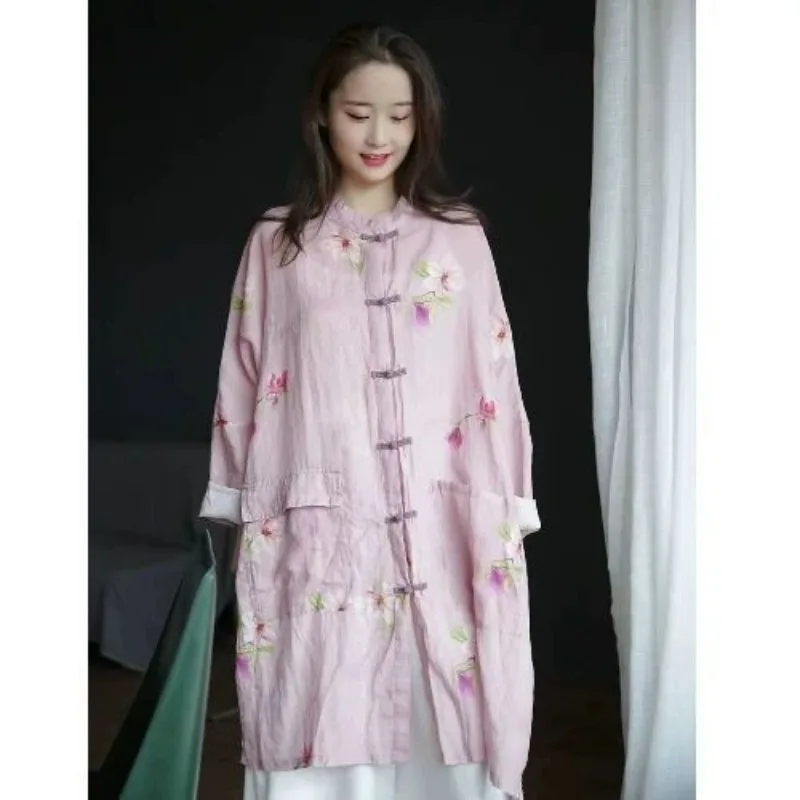 

Chinese Style Printed Buckle Long Sleeved Shirt Women Spring New Retro Cotton and Linen Women's Jacket Casual Female Tops