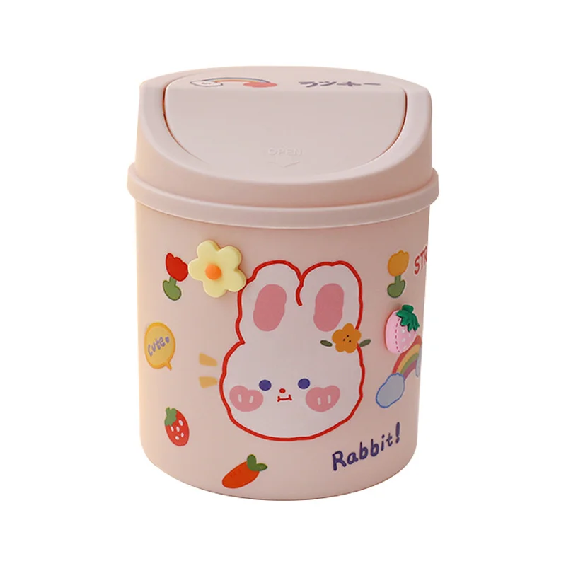 Desktop Mini Trash Can Organizer Kawaii Pencil Holder Cute Cartoon Student Desk Garbage Can Storage Bin with Lid Storage Box