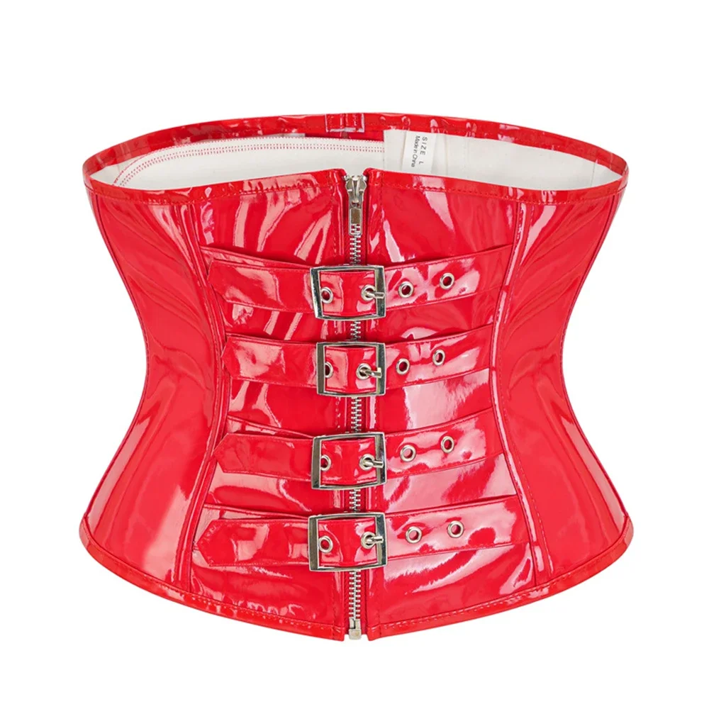 Red PVC Underbust Corset Women Steampunk PU Leather Buckle-up Bustier Top Vintage Zipper Waist Trainer Corselet