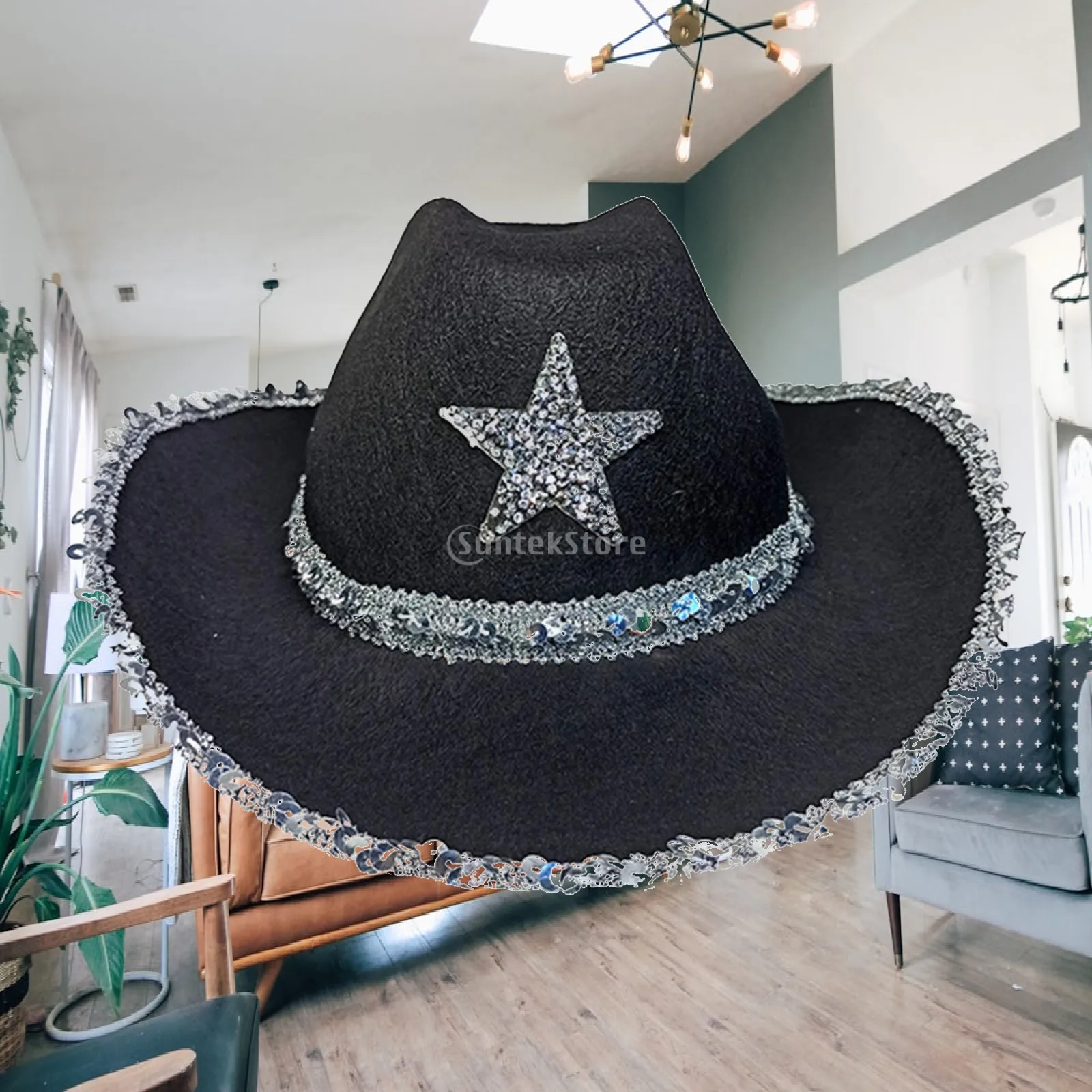 Novelty Cowboy Hat, Sun Hats, Sequin Star, Party Hat ,Wide Brim Western Women