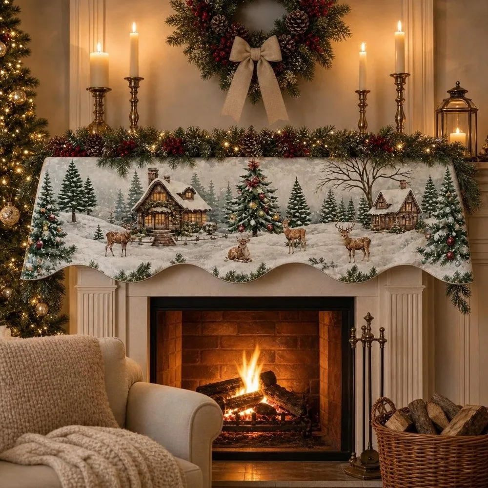 Santa Claus Christmas Fireplace Mantel Scarf Snowman Snow Landscape Fireplace Shelf Cover Decorative Home Decor Mantel Topper