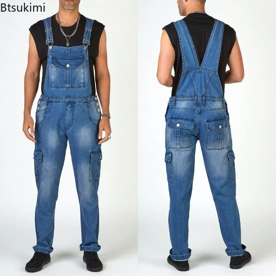 

2025 Men's Denim Straps Long Pants Multiple Pockets Men Denim Bib Blue Cargo Pants Fashion Pocket Jumpsuits Casual Jeans for Men