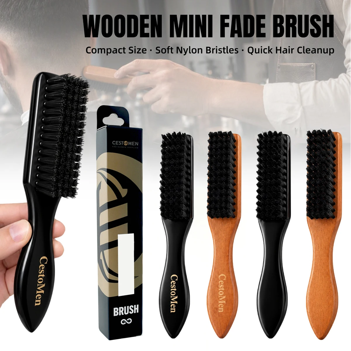 CESTOMEN Wood Handle Mini Fade Brush Nylon Bristle Hair Cleaning Brush Professional Salon Hair Cutting Broken Hair Sweeping Tool