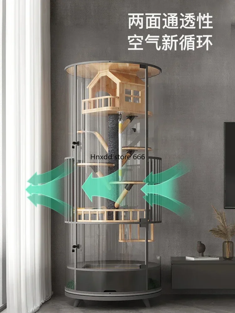 Fully Transparent Glass Panoramic Rotating Cylindrical Cat Villa Luxury Cabinet Cage Indoor with Toilet Integrated