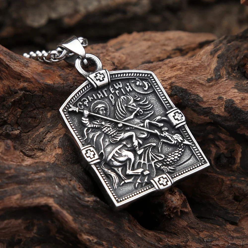 Vintage Stainless Steel St.George On Horse Pendant Necklace For Men Boys Fashion Warrior Shield Amulet Jewelry Gift Dropshipping