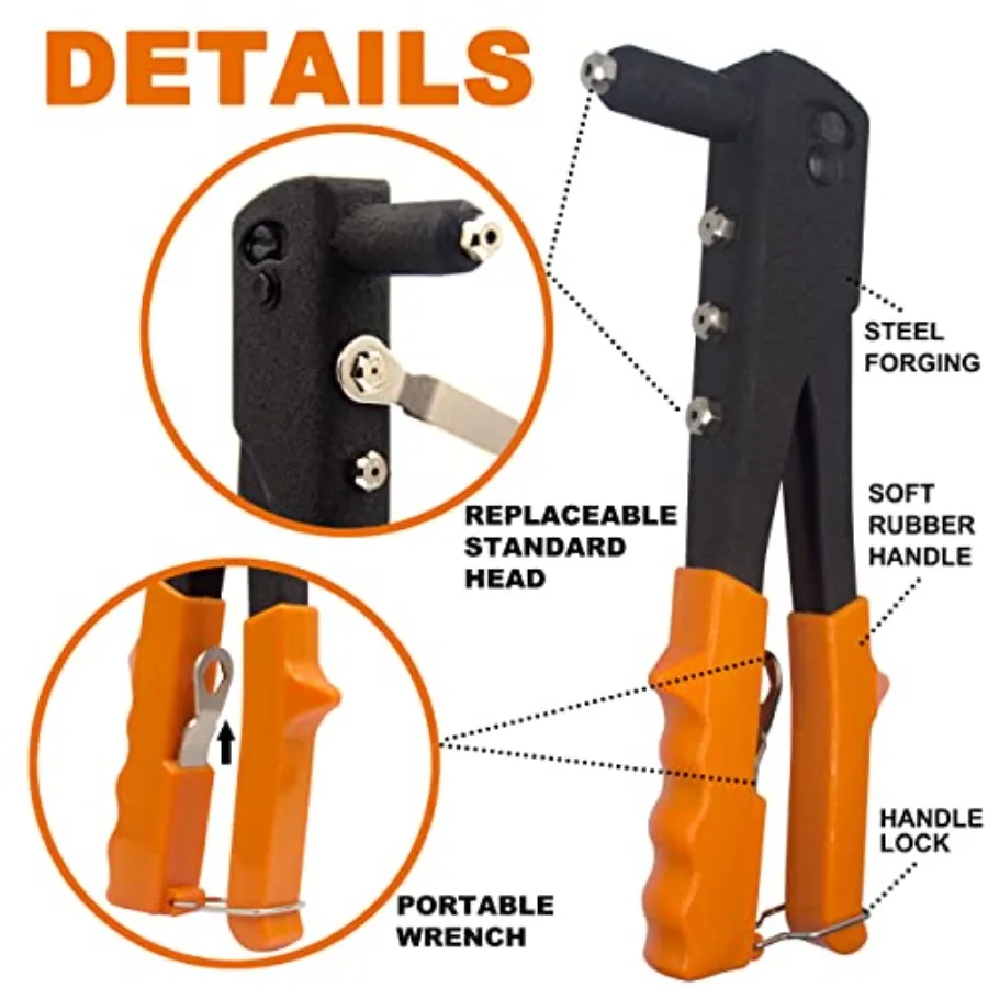 225개 알루미늄 블라인드 리벳 모음 키트, 자동차 수리 및 금속 가공용 헤비 듀티 핸드 리벳건 포함