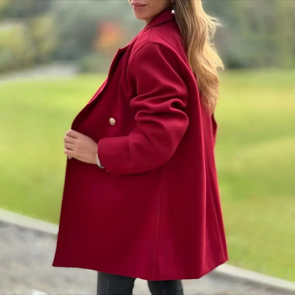 Women Polyester Coat Mid-length Women Jacket Women's Trench Coat with Notch Lapel Double Breasted Mid-length Pea Coat Long