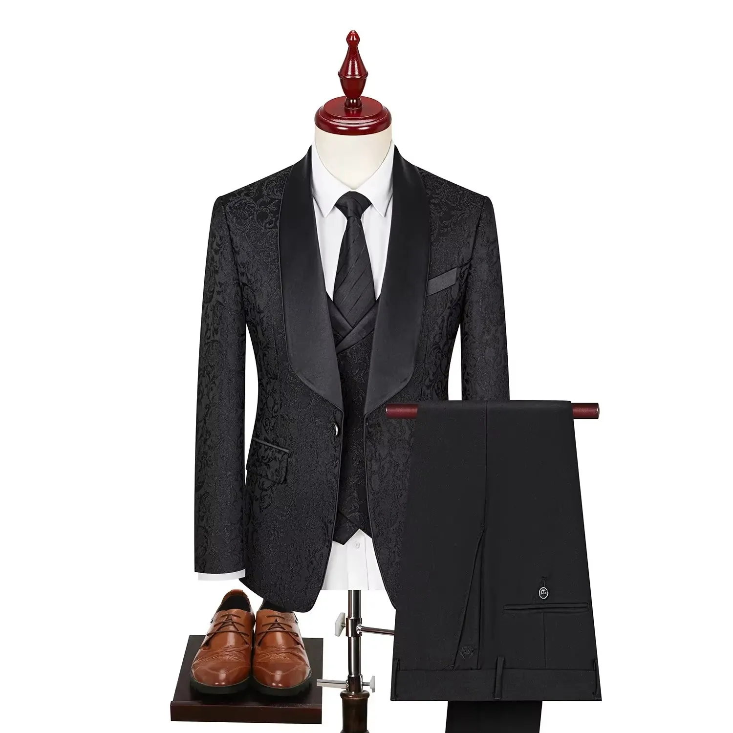 Costume de mariage élégant 3 pièces en jacquard pour homme, ensemble blazer, gilet et pantalon à rev