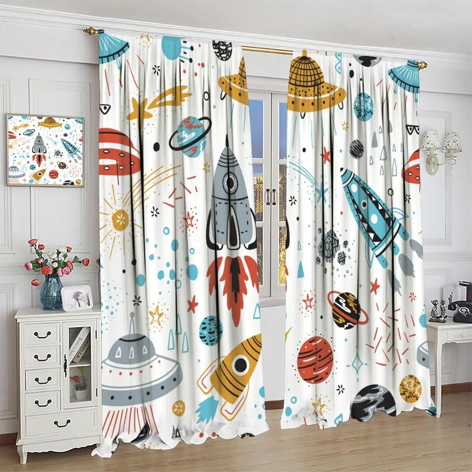 

Детские шторы с космическими ракетами, мультяшные космические ракеты, планеты, звезды, кометы, Вселенная, приключения, принт, обработка окон для мальчиков
