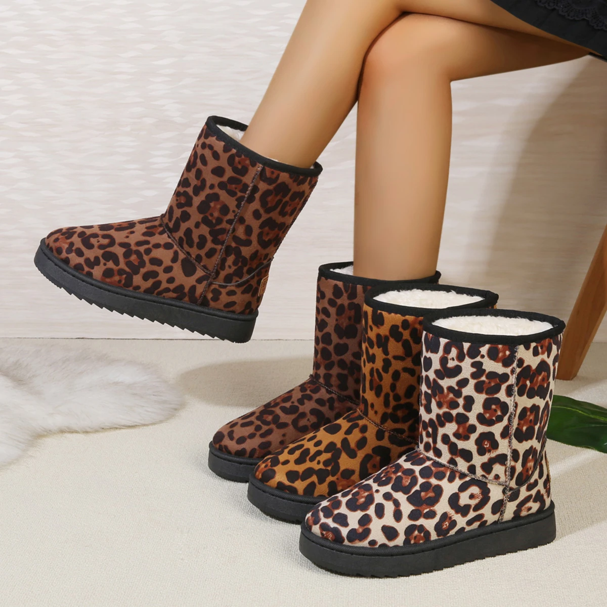 Winter-Stiefel mit runder Spitze, dicker Sohle, rutschfest, bequem, lässig, mittellang, Damenstiefel, modischer Leopardenmuster, elegante Schneestiefel